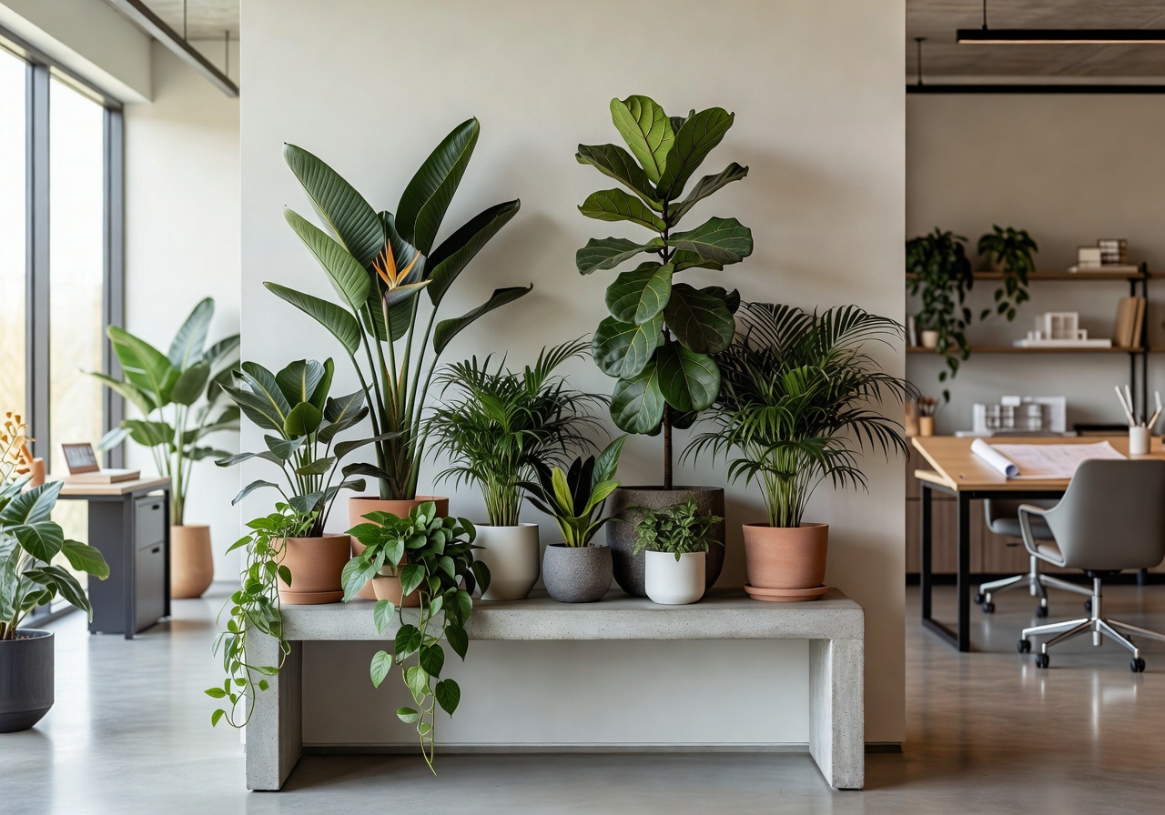 Architect office with curated tropical plant arrangement