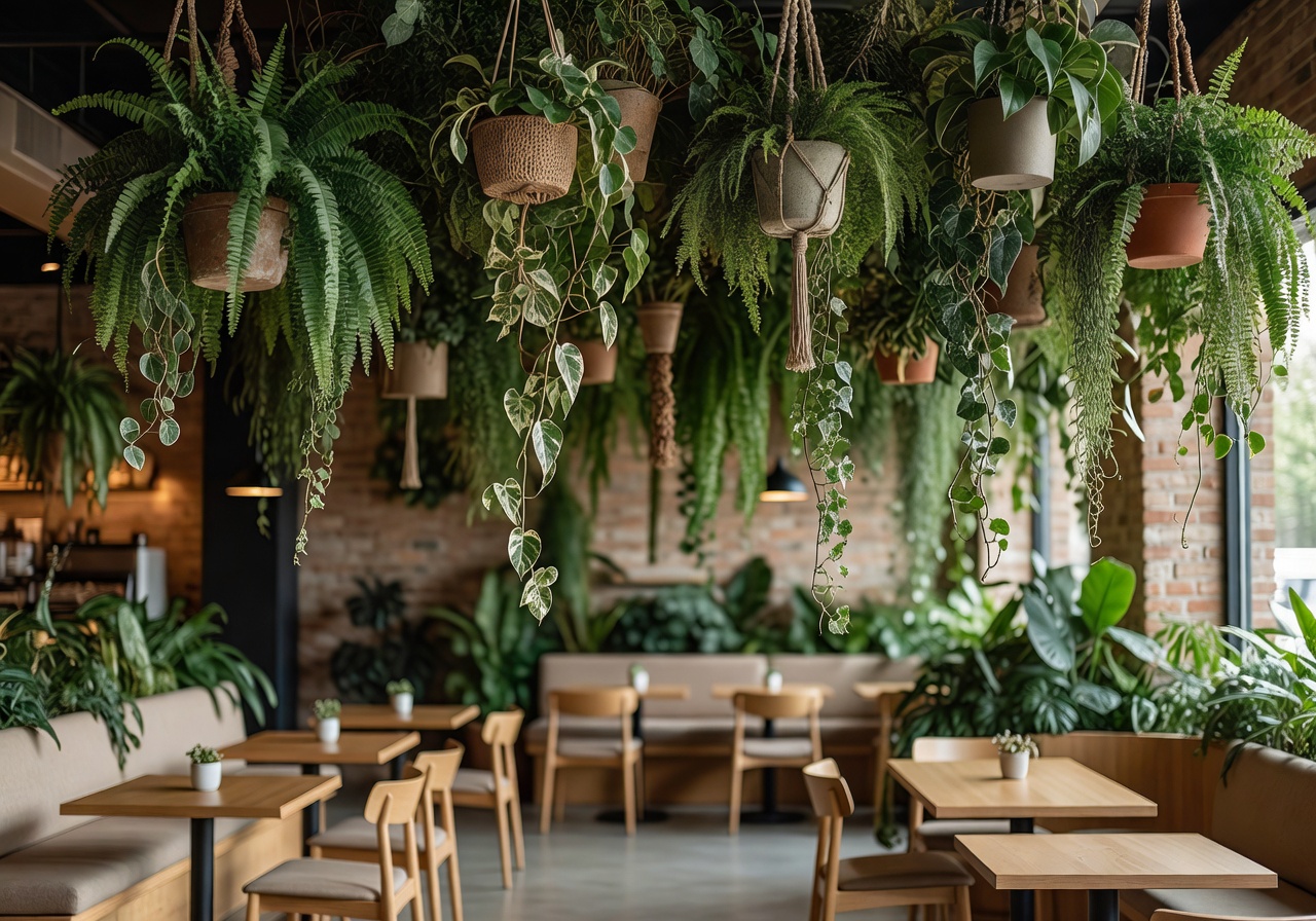 Cafe interior with suspended trailing plants creating a green canopy