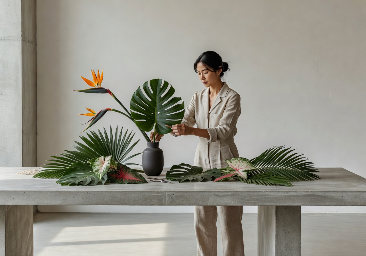 Designer arranging tropical foliage in a minimalist studio setting