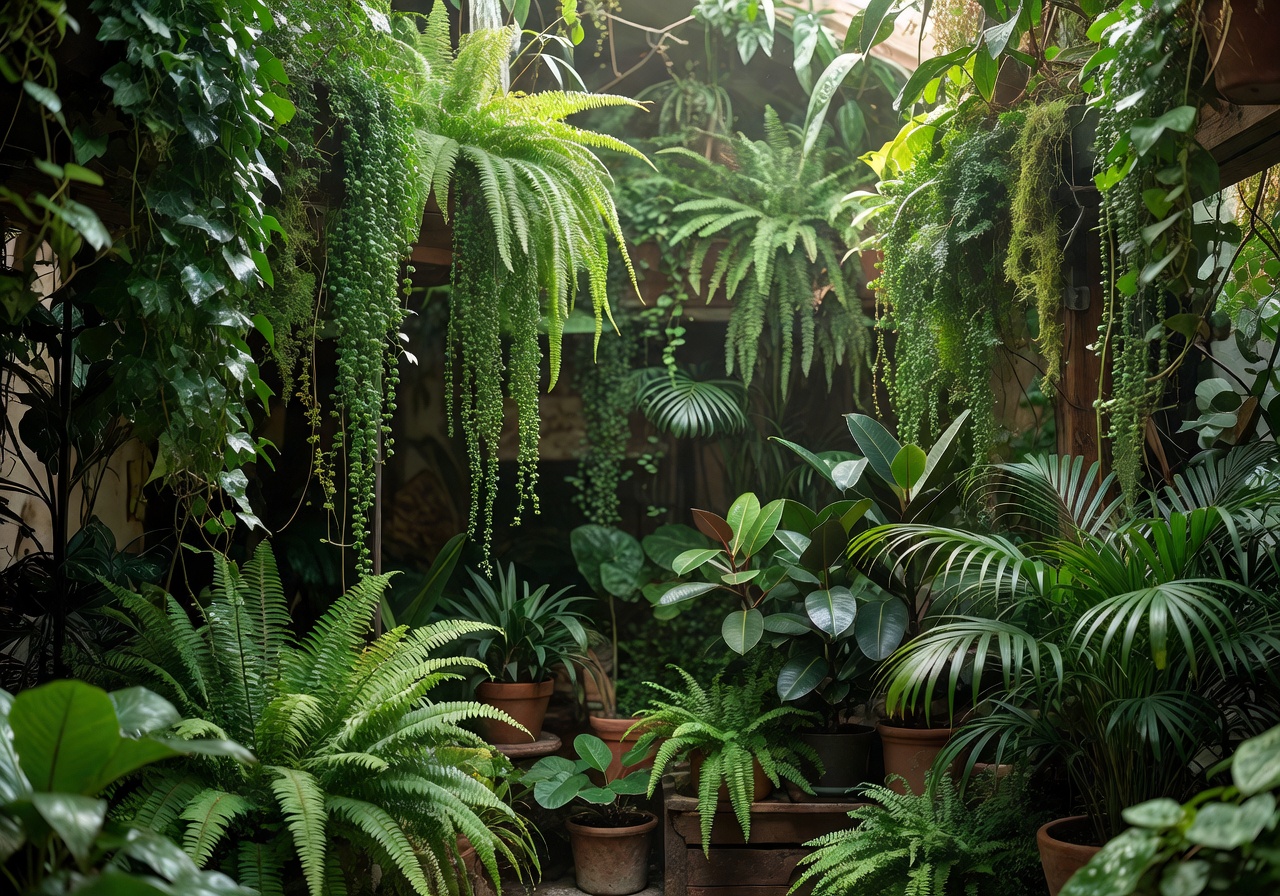 Lush indoor botanical interior with cascading greenery and natural light