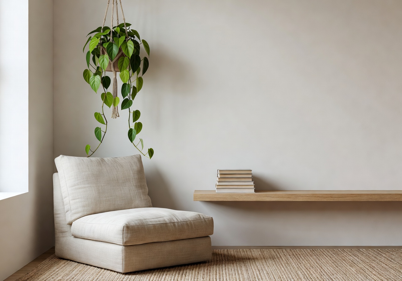 Minimalist residential reading nook with hanging philodendron