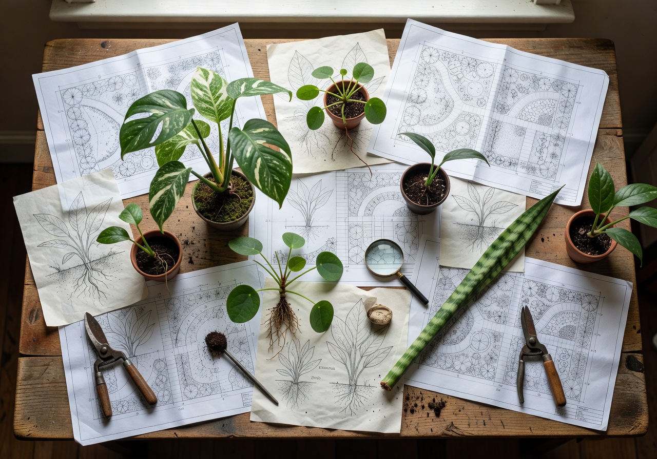 Overhead view of plant installation plans, sketches, and rare cuttings on a worktable