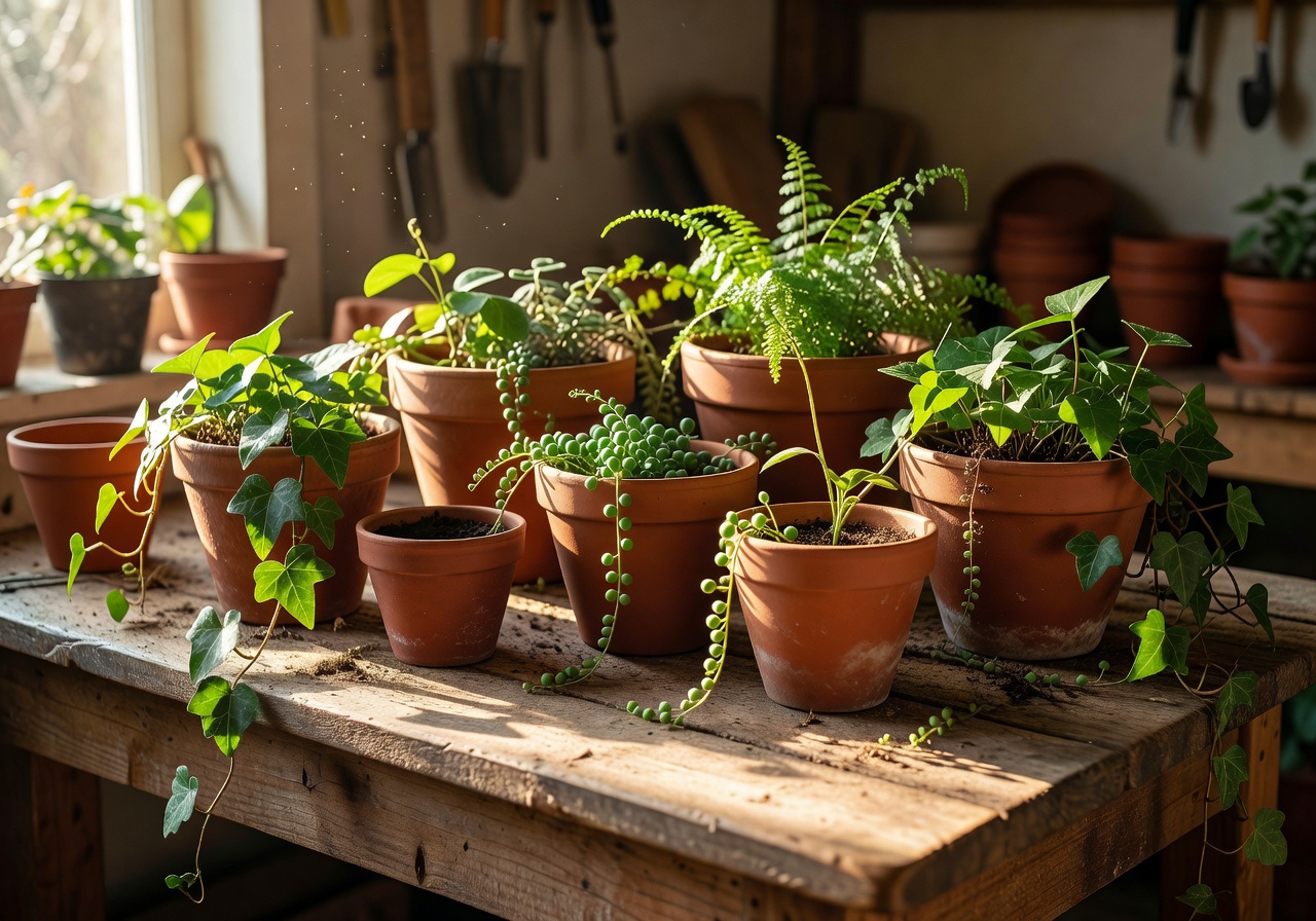 Sunlight falling across a workbench of terracotta pots and trailing greenery