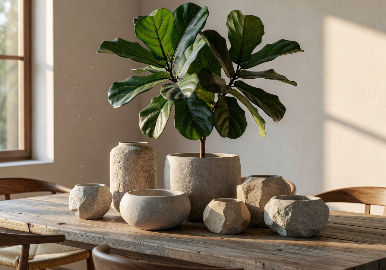Sunlit dining area with sculptural fiddle leaf and stone vessels