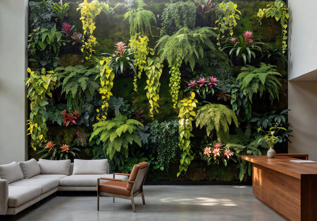 Vertical living wall installation in a boutique hotel lobby